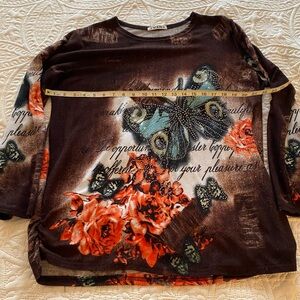 Woman’s JVINI size XL Brown bling butterfly orange flowers shirt